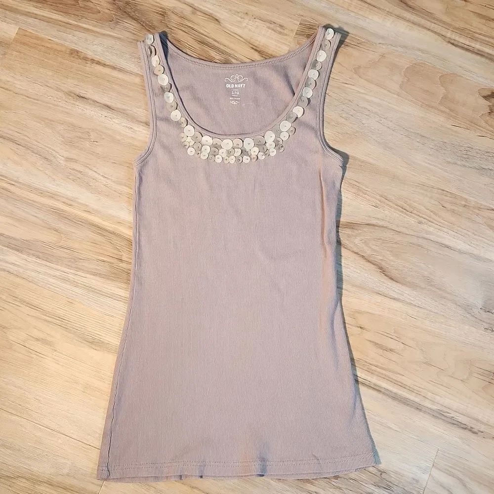 💜Old Navy Tan Ribbed Sequin Lined Neck Tanktop Large